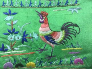 Antique Chinese robe ' s silk embroidered sleeve bands,  roosters,  birds & garden 10