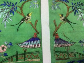 Antique Chinese robe ' s silk embroidered sleeve bands,  roosters,  birds & garden 11
