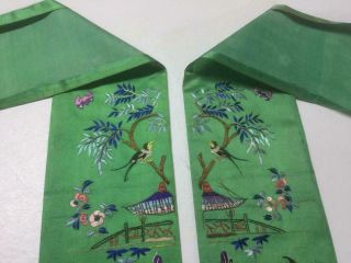 Antique Chinese robe ' s silk embroidered sleeve bands,  roosters,  birds & garden 12