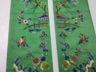 Antique Chinese robe ' s silk embroidered sleeve bands,  roosters,  birds & garden 2