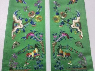 Antique Chinese robe ' s silk embroidered sleeve bands,  roosters,  birds & garden 3