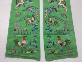 Antique Chinese robe ' s silk embroidered sleeve bands,  roosters,  birds & garden 4