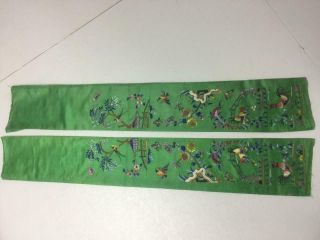 Antique Chinese robe ' s silk embroidered sleeve bands,  roosters,  birds & garden 5