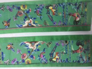 Antique Chinese robe ' s silk embroidered sleeve bands,  roosters,  birds & garden 6