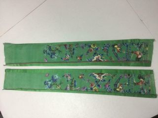 Antique Chinese robe ' s silk embroidered sleeve bands,  roosters,  birds & garden 7