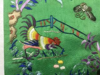 Antique Chinese robe ' s silk embroidered sleeve bands,  roosters,  birds & garden 9