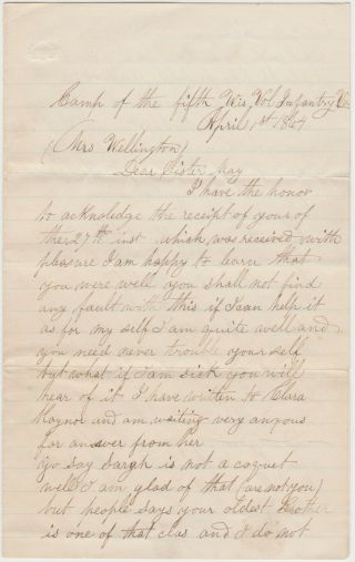 1864 Civil War Soldier Letter - Lt Mills 5th Wis Killed At Wilderness In Month