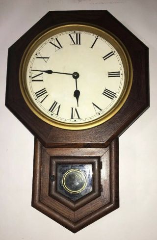 Old Antique Dark Oak Regulator School House Wall Clock
