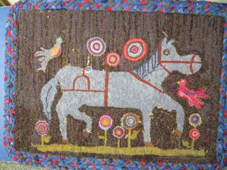 Vintage / Antique Folk Art Hooked Rug.  Great Subject Donkey Birds,  Etc