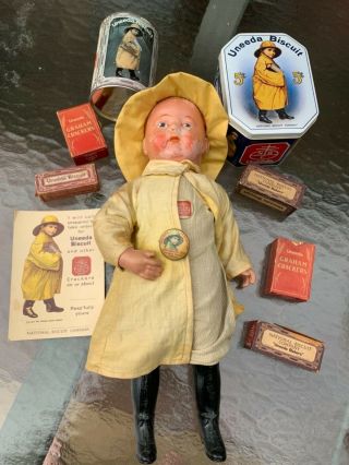 Antique National Biscuit Co Uneeda Composition Advertising Doll Plus Other.