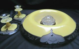 Art Deco Glass Enamel Etch 4 Piece Console Set Bowl,  2 Candlesticks,  Flower Frog