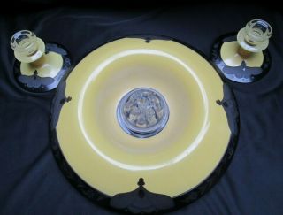Art Deco Glass Enamel Etch 4 Piece Console Set Bowl,  2 Candlesticks,  Flower Frog 2