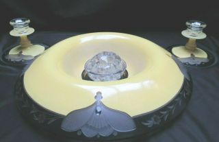 Art Deco Glass Enamel Etch 4 Piece Console Set Bowl,  2 Candlesticks,  Flower Frog 3