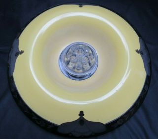 Art Deco Glass Enamel Etch 4 Piece Console Set Bowl,  2 Candlesticks,  Flower Frog 4