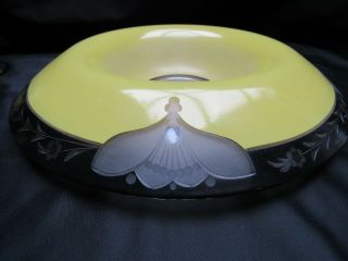 Art Deco Glass Enamel Etch 4 Piece Console Set Bowl,  2 Candlesticks,  Flower Frog 5
