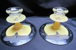 Art Deco Glass Enamel Etch 4 Piece Console Set Bowl,  2 Candlesticks,  Flower Frog 7