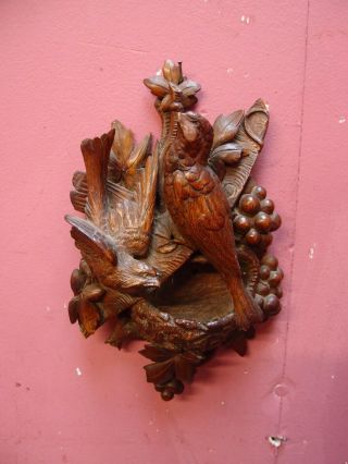 Small Antique Carved Oak Wall Pocket With 2 Birds And Birds Nest