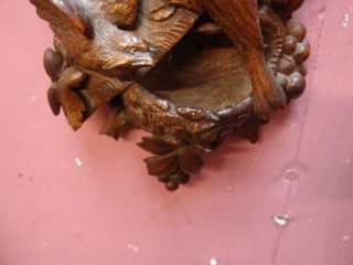 SMALL ANTIQUE CARVED OAK WALL POCKET WITH 2 BIRDS AND BIRDS NEST 4