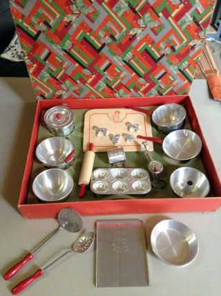 Vintage Red Handle Childrens Cookware Baking Set Aluminum Pot Pan