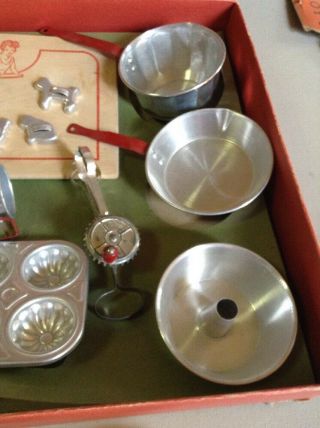 Vintage Red Handle Childrens Cookware Baking Set Aluminum Pot Pan 7