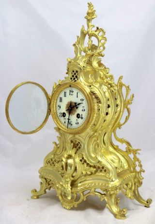 Antique French Mantle Clock 1880 ' s Embossed 8 day Gilt Rococo Bronze 2