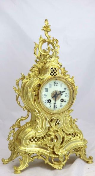 Antique French Mantle Clock 1880 ' s Embossed 8 day Gilt Rococo Bronze 3