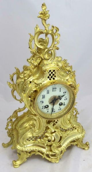 Antique French Mantle Clock 1880 ' s Embossed 8 day Gilt Rococo Bronze 4