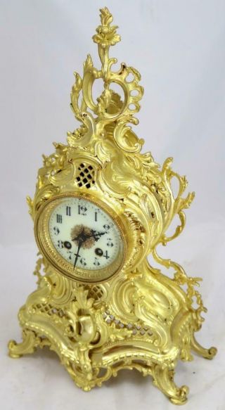 Antique French Mantle Clock 1880 ' s Embossed 8 day Gilt Rococo Bronze 5