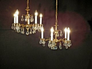Antique French 5 Lite Brass Cut Lead Crystal Darlingest Chandelier (2 Available)