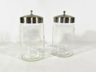 2 Vintage Pyrex Medical Apothecary Glass Jar Stainless Lid Cotton Ball Canisters