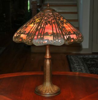 Antique Arts And Crafts Handel Tropical Sunset Palm Lamp