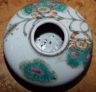 Antique Chinese Porcelain Brush Washer,  Hand Painted Enamel Crabs & Rice Shaft 9