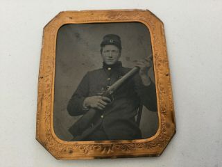 Union Civil War Soldier Tintype Shot Gun In Uniform Tinted