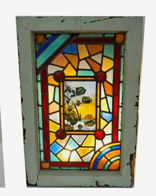 English Victorian Stained Glass Window Painted Landscape Aesthetic Movement 1875