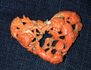 Antique Chinese Coral Pendant With Foo Dogs