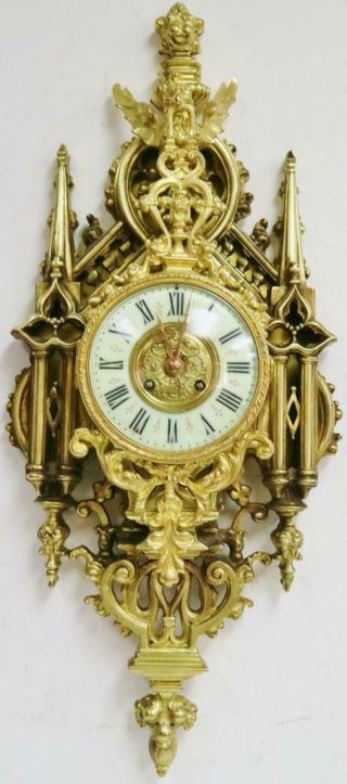 Rare Quality Antique French 8 Day Pierced Bronze Ormolu Ornate Cartel Wall Clock