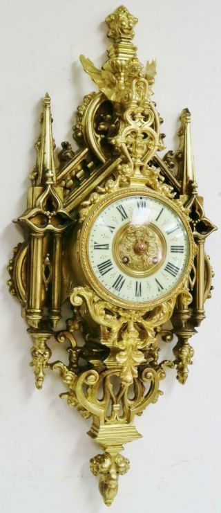 Rare Quality Antique French 8 Day Pierced Bronze Ormolu Ornate Cartel Wall Clock 2