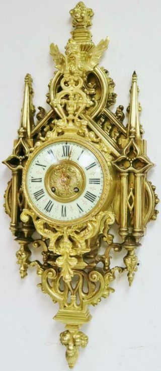 Rare Quality Antique French 8 Day Pierced Bronze Ormolu Ornate Cartel Wall Clock 3