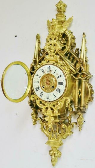 Rare Quality Antique French 8 Day Pierced Bronze Ormolu Ornate Cartel Wall Clock 8
