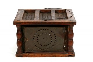 Antique Primitive Punched Tin Foot Bed Warmer School Sleigh Stove Heater