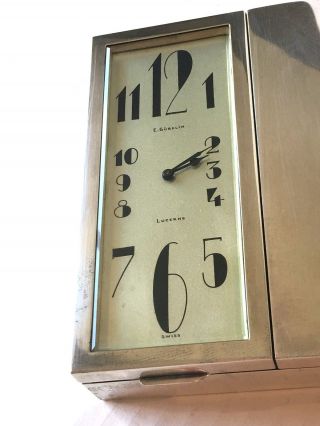 Rare Antique Gubelin Chrome Box Clock Flat Art Deco Lucerne Swiss Scarce Vtg 4