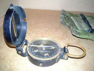 Vintage Us Army Lensatic Compass W.  & L.  E.  Gurley Wwii Canvas Belt Bag