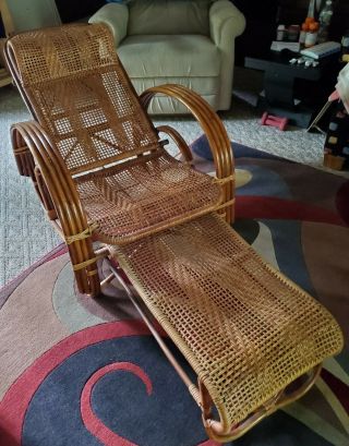 Vtg Mid Century Bamboo Rattan Chaise Lounge Chair Ottoman Pretzel Arms Wicker