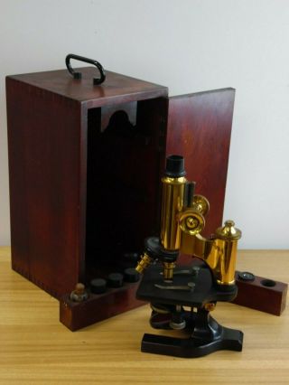 Antique Brass Spencer Lens Co Microscope,  Wood Case Box Scientific Instrument