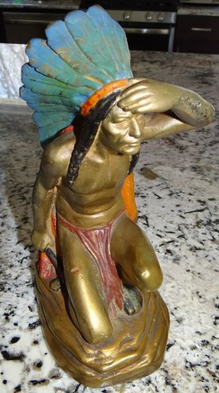 Antique Ruhl Armor Bronze Native American Indian Sculpture Statue Bookend Figure