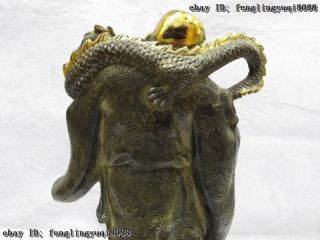 Folk Classic Bronze Copper Gilt happy Maitreya Buddha Play bliss Dragon Statue 10