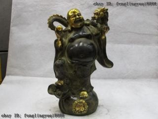 Folk Classic Bronze Copper Gilt Happy Maitreya Buddha Play Bliss Dragon Statue