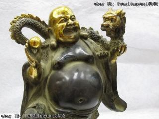 Folk Classic Bronze Copper Gilt happy Maitreya Buddha Play bliss Dragon Statue 3
