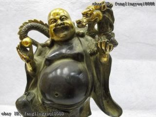 Folk Classic Bronze Copper Gilt happy Maitreya Buddha Play bliss Dragon Statue 5