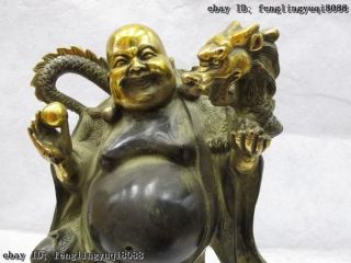 Folk Classic Bronze Copper Gilt happy Maitreya Buddha Play bliss Dragon Statue 6